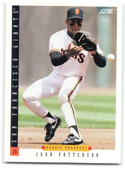 Baseball card of John Patterson fielding a ground ball for San Francisco Giants