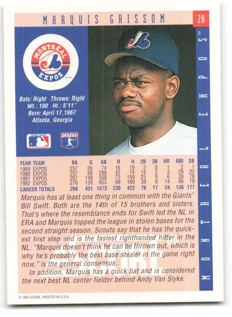 Baseball card of Marquis Grissom with Montreal Expos in blue cap design