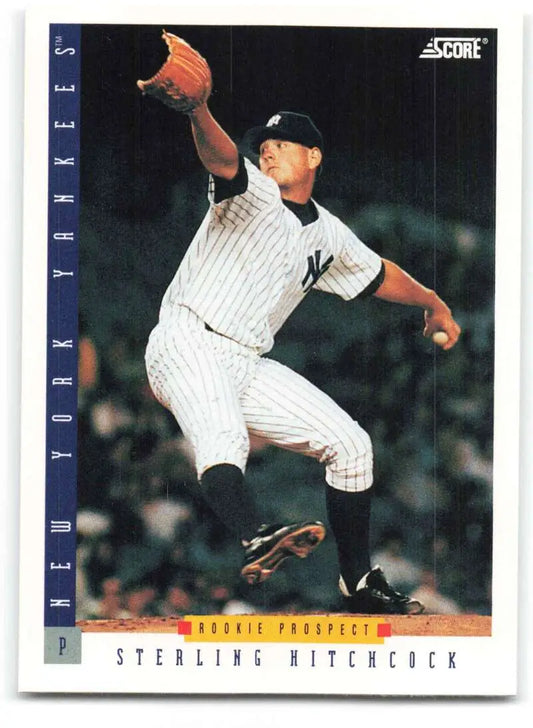 Sterling Hitchcock mid-delivery in pinstripes on New York Yankees baseball card