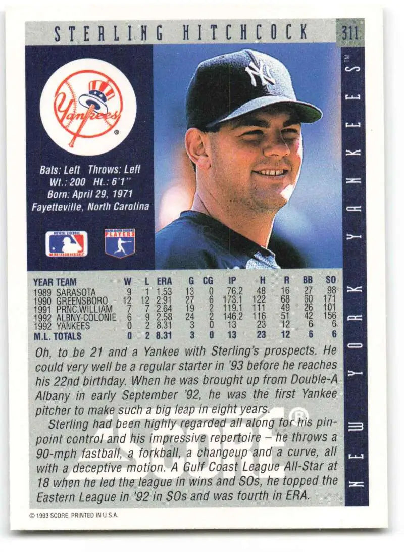 Sterling Hitchcock New York Yankees baseball card featuring player in navy cap