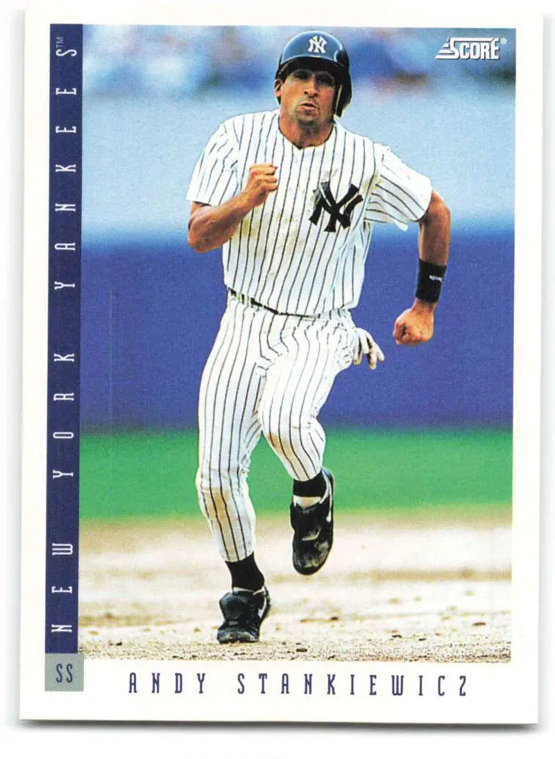 Andy Stankiewicz running in New York Yankees uniform on 1993 Score baseball card