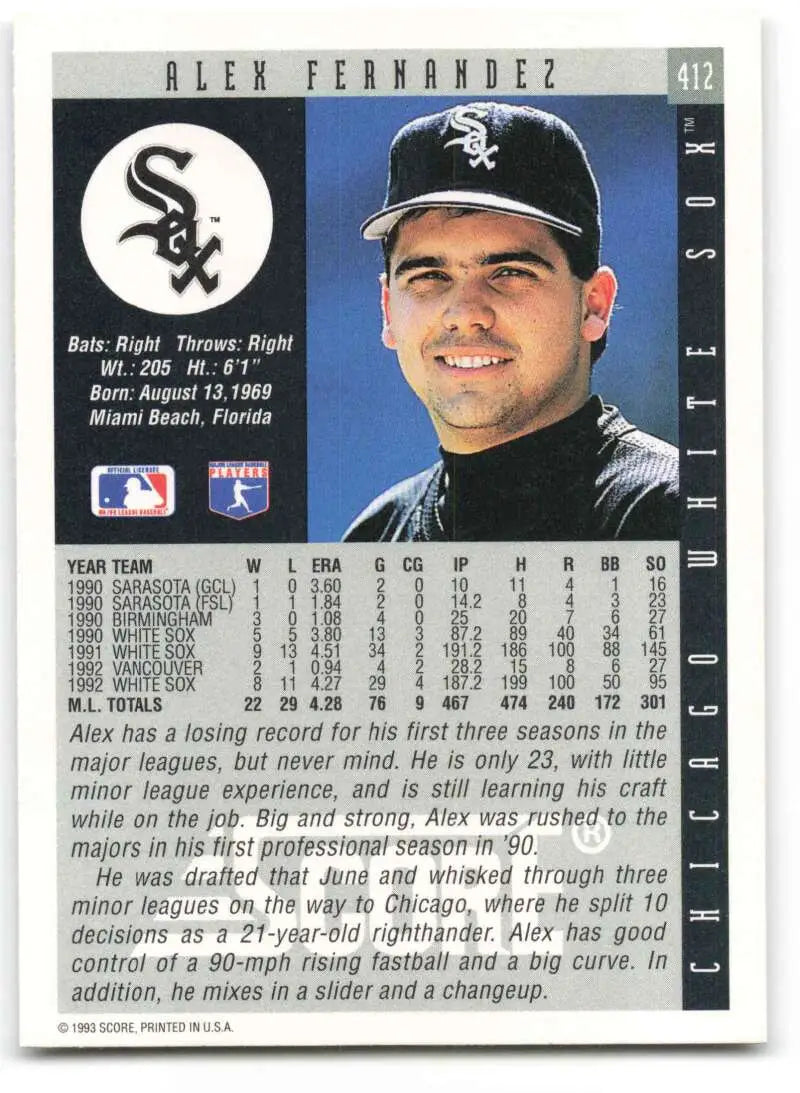1993 Score Alex Fernandez Baseball Card featuring Chicago White Sox player in uniform