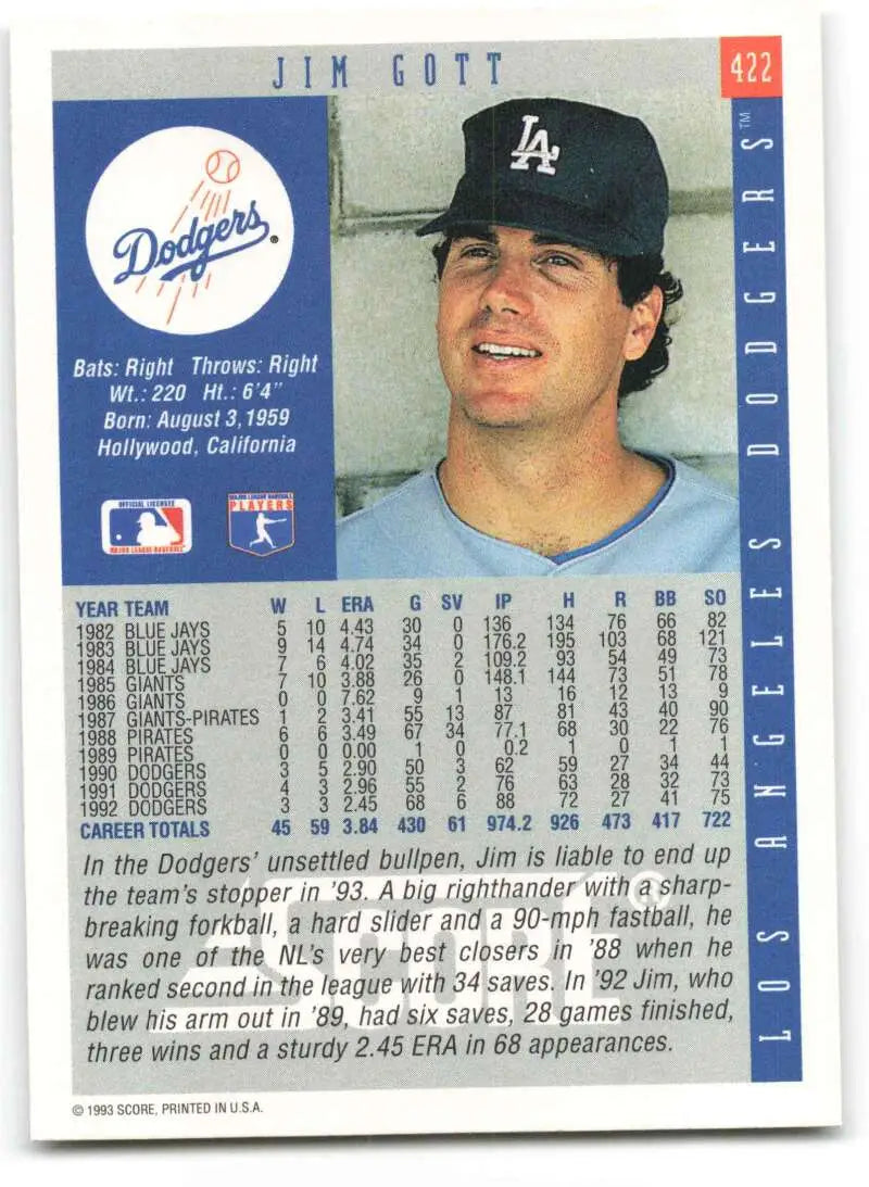 Jim Gott 1993 Score Baseball Card of Los Angeles Dodgers in blue uniform and cap