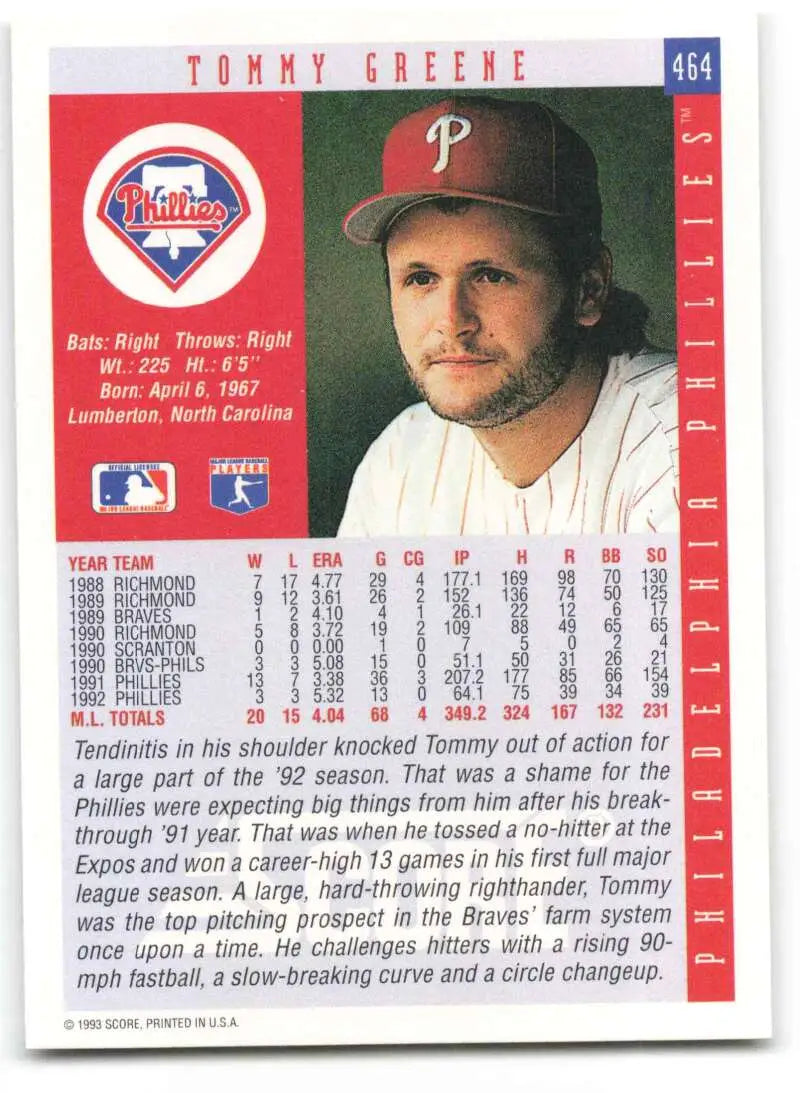 Baseball card of Tommy Greene, Philadelphia Phillies player in red cap with stats