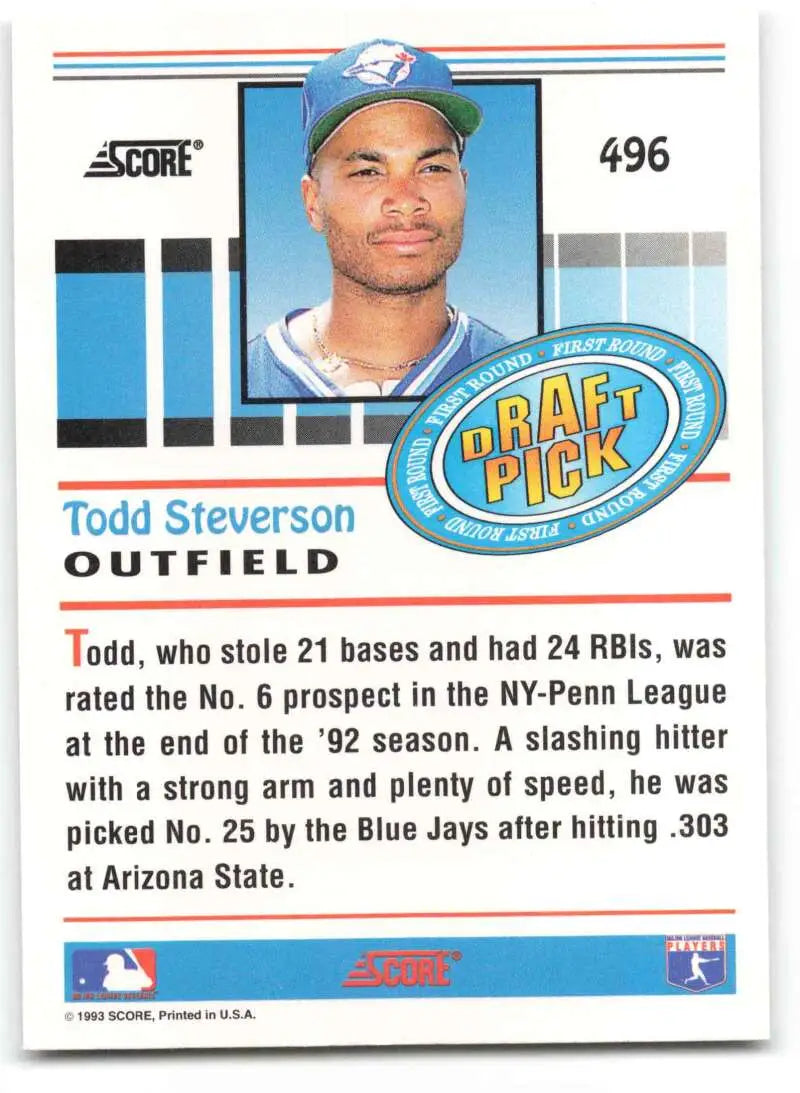 Todd Steverson Toronto Blue Jays baseball card from Score, featuring Blue Jays cap