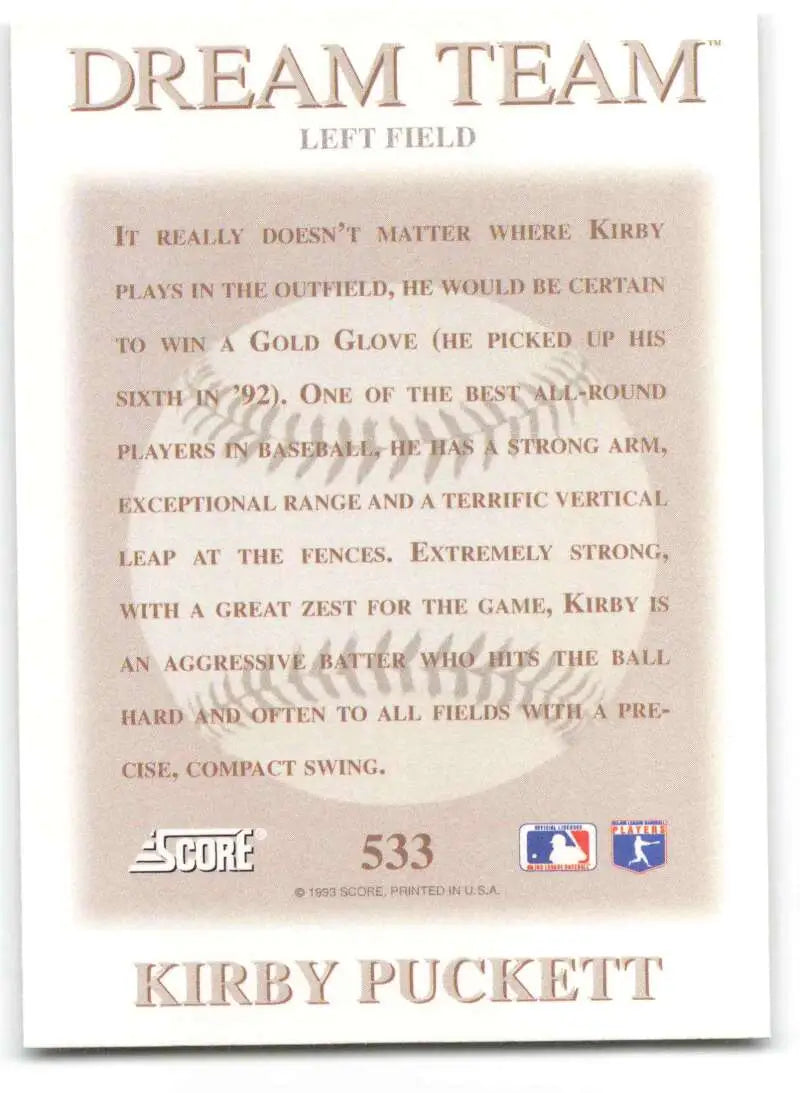 Kirby Puckett Minnesota Twins baseball card showcasing player’s fielding abilities and defense skills