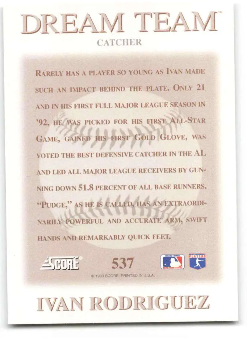 Ivan Rodriguez Texas Rangers baseball card showcasing catcher defensive achievements and stats