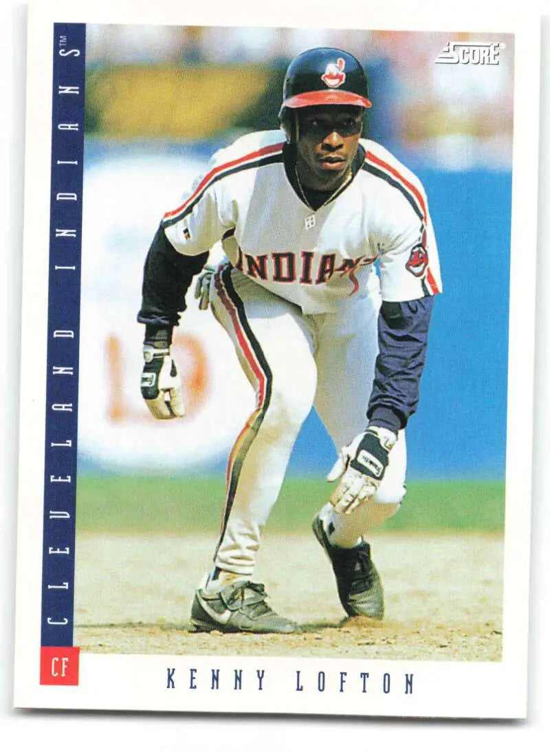 Baseball card of Kenny Lofton in Cleveland Indians home uniform with navy and red trim