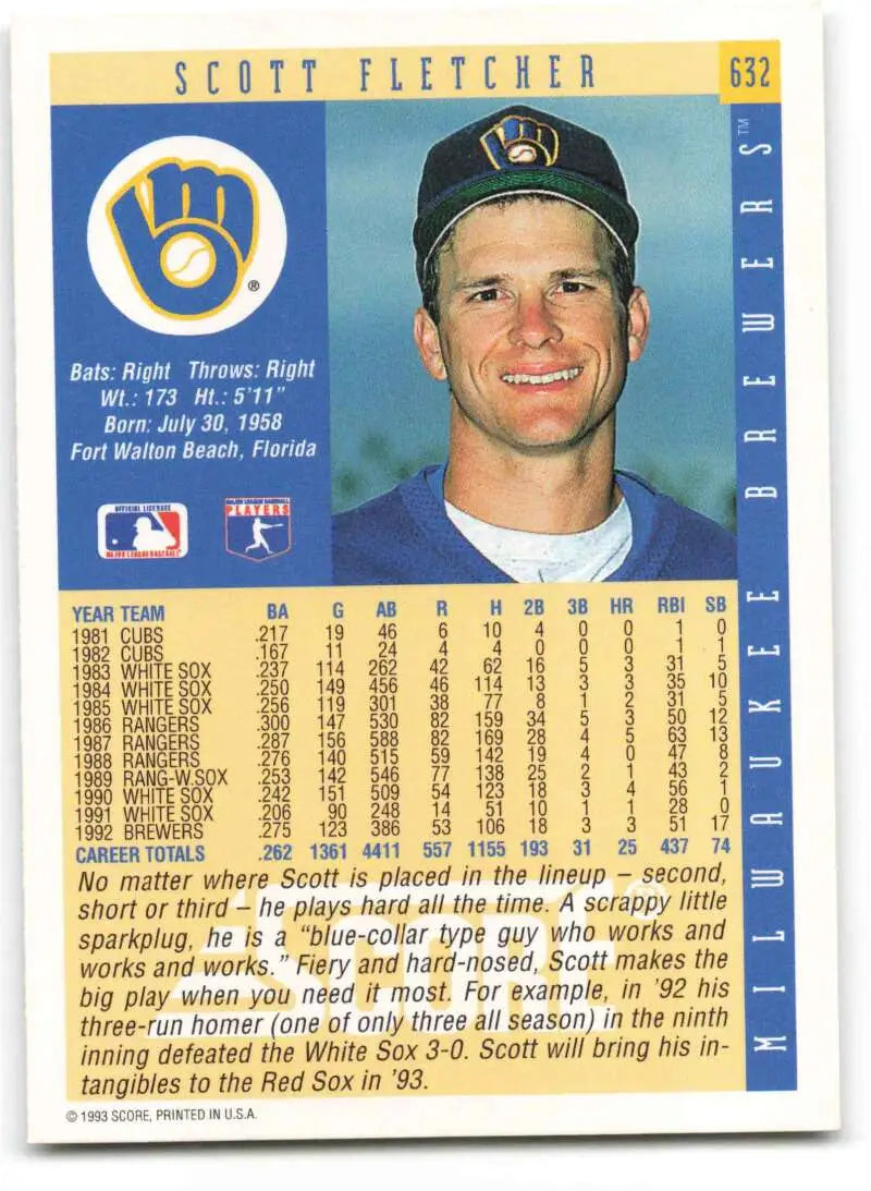 1993 Score #632 Scott Fletcher Baseball Card featuring Milwaukee Brewers player in uniform