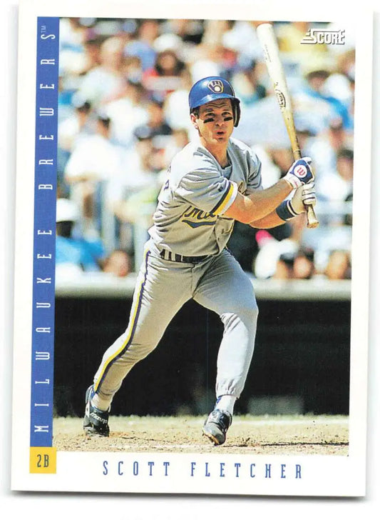 Scott Fletcher hitting in gray road uniform on 1993 Score Milwaukee Brewers baseball card