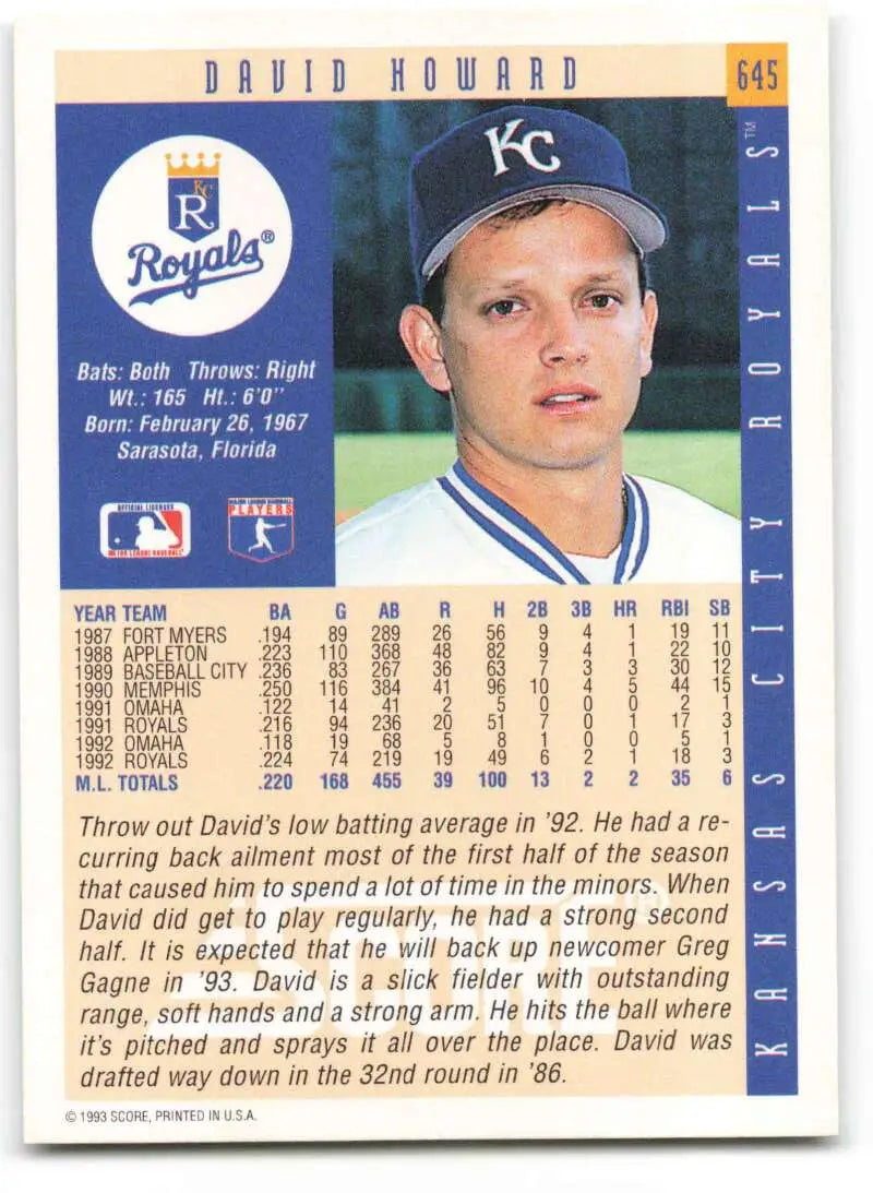 1993 Score #645 David Howard baseball card featuring Kansas City Royals player in blue cap