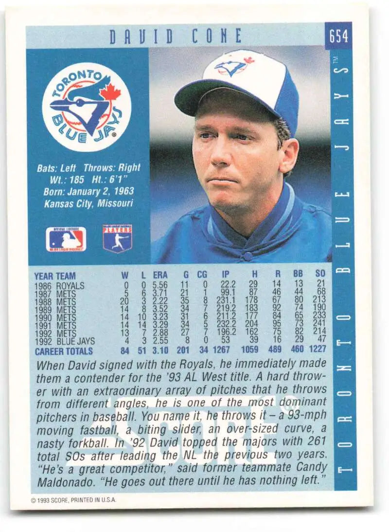Baseball card of David Cone in blue jersey for Toronto Blue Jays, 1993 Score #654