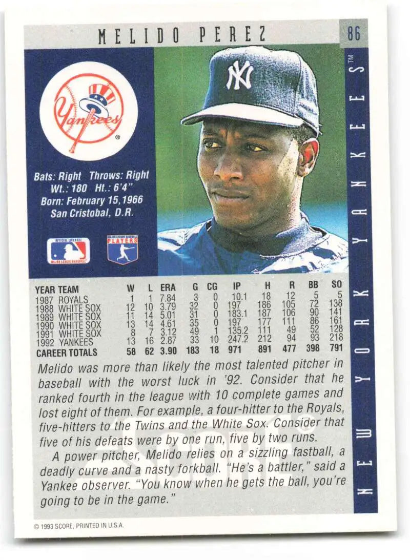 Baseball card of Melido Perez in New York Yankees navy uniform and cap