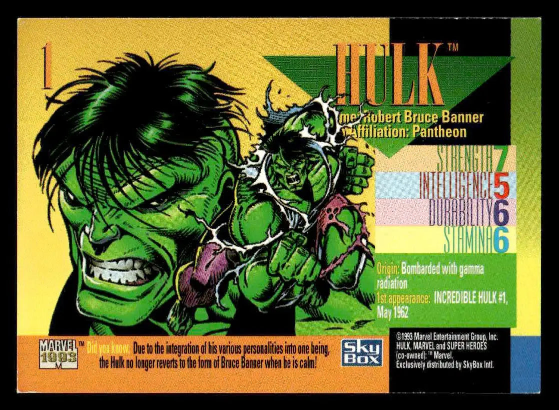 Hulk trading card from 1993 SkyBox Marvel Universe series showcasing Marvel characters
