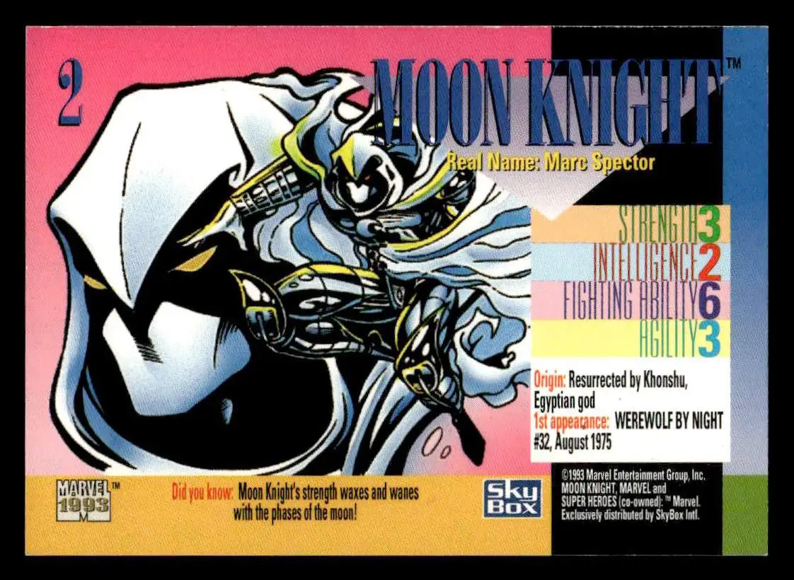 Moon Knight collectible trading card from SkyBox Marvel Universe 1993 series