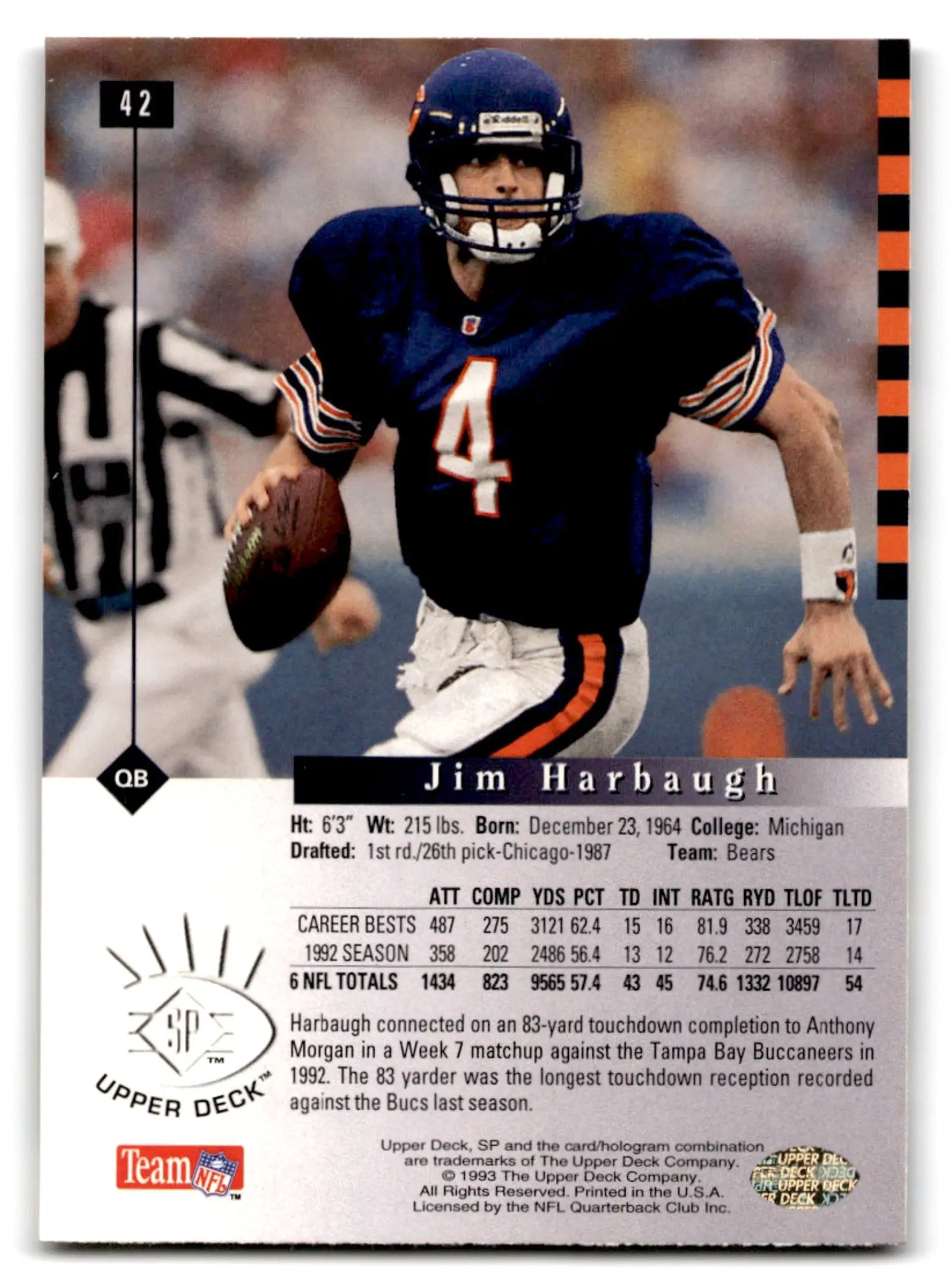 Football Jim Harbaugh 1993 Upper Deck card from 1993 SP Football Chicago Bears