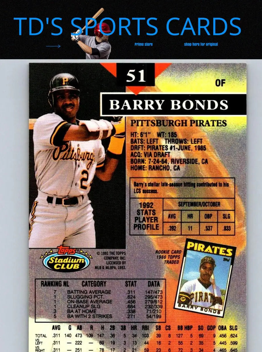 Barry Bonds 1993 Stadium Club #51a baseball card featuring iconic sports memorabilia