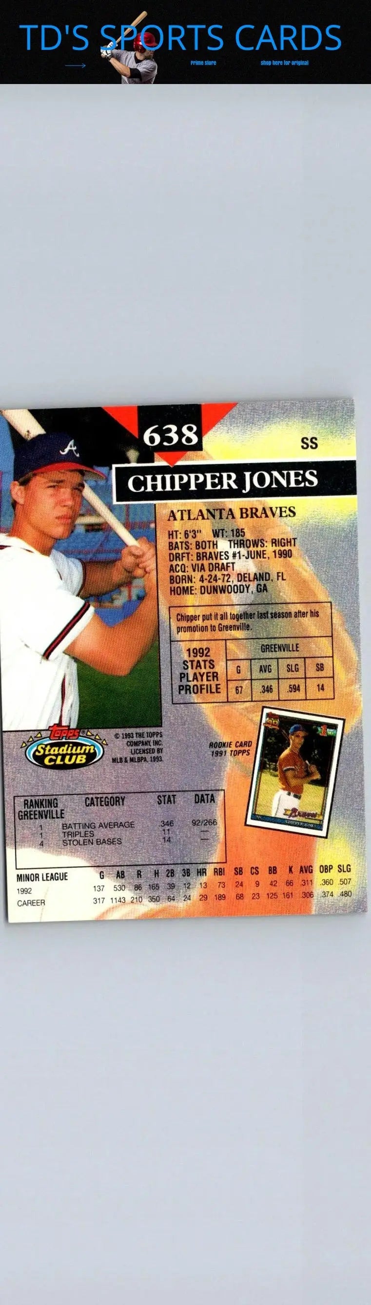 1993 Stadium Club #638 Chipper Jones trading card featuring the MLB superstar
