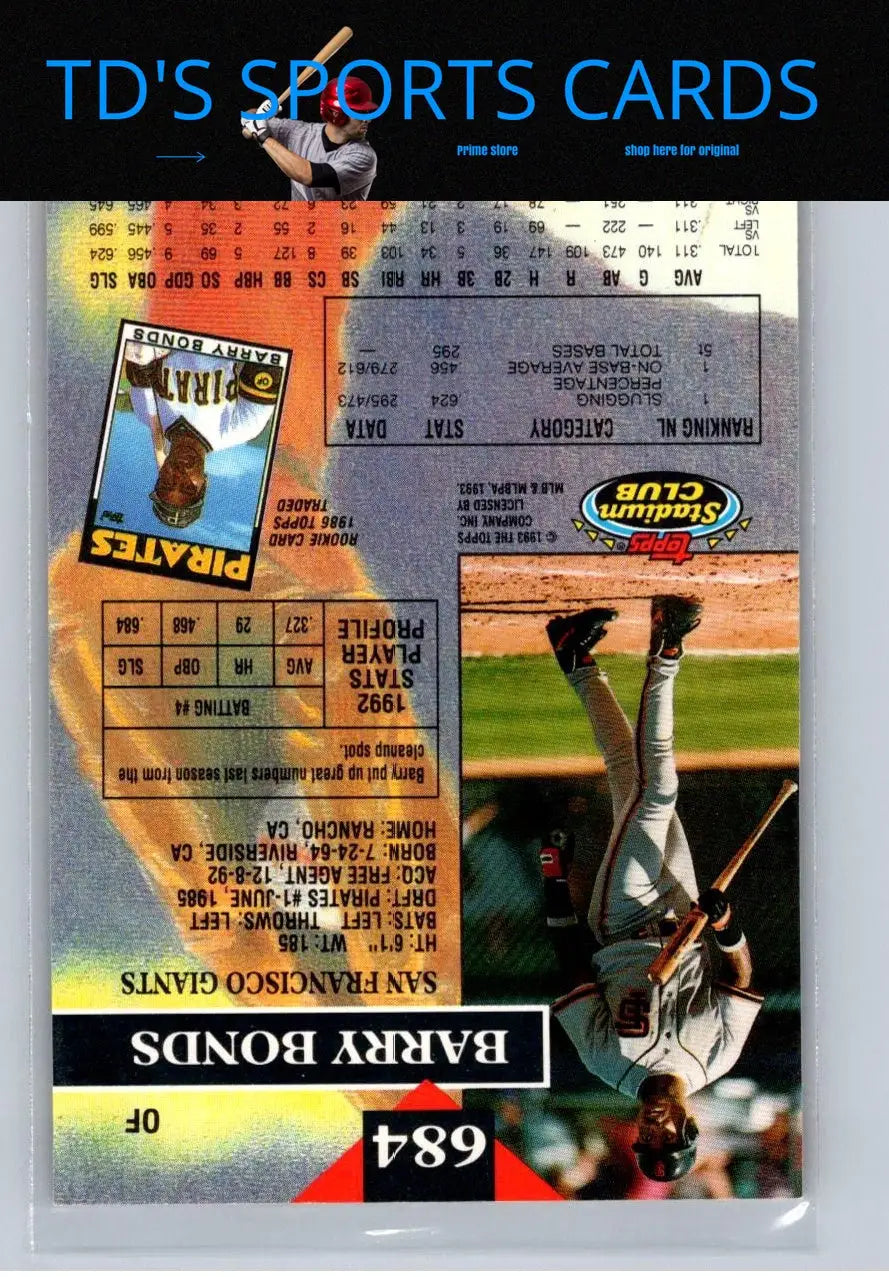 Barry Bonds 1993 Stadium Club #684 trading card showcasing iconic baseball memorabilia