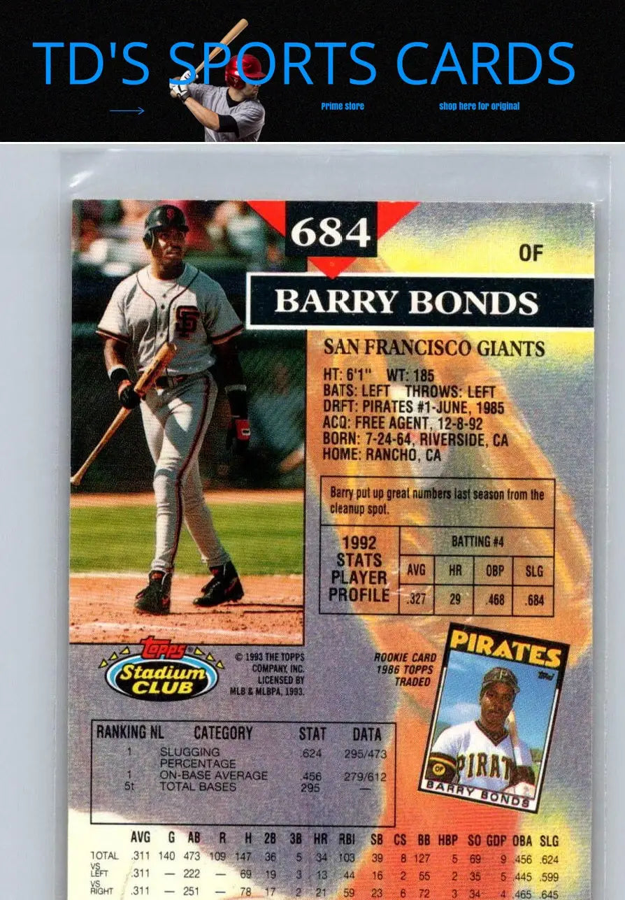 Barry Bonds trading card from 1993 Stadium Club #684 showcasing his iconic baseball career