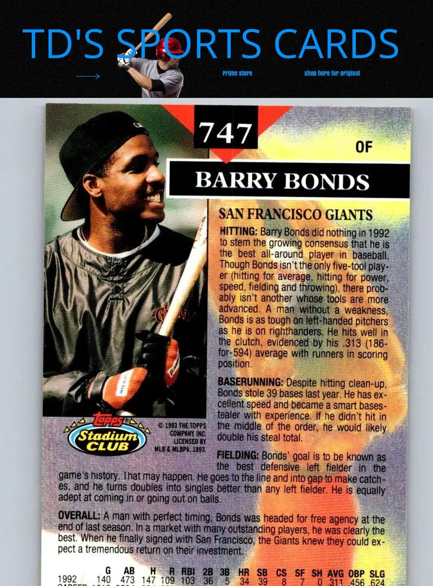 Barry Bonds baseball card from 1993 Stadium Club #747 Members Only edition