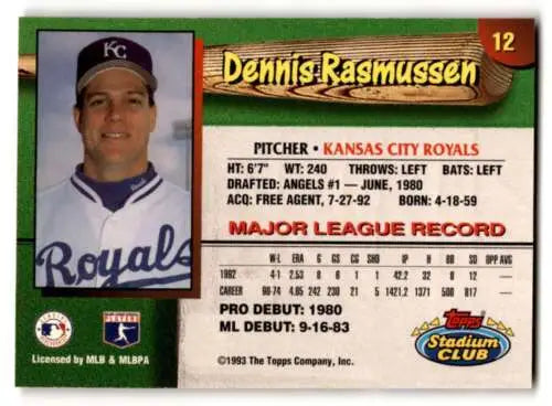 Dennis Rasmussen baseball card from the 1993 Kansas City Royals Stadium Club set