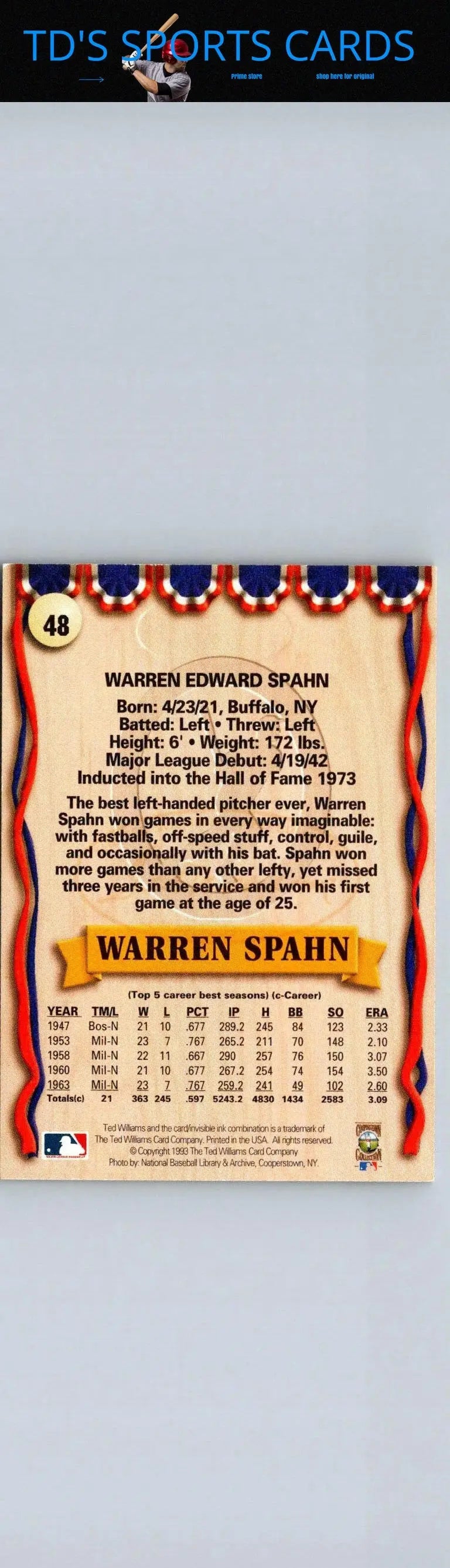 1993 Ted Williams #48 Warren Spahn baseball card featuring Warren Spahn with Ted Williams