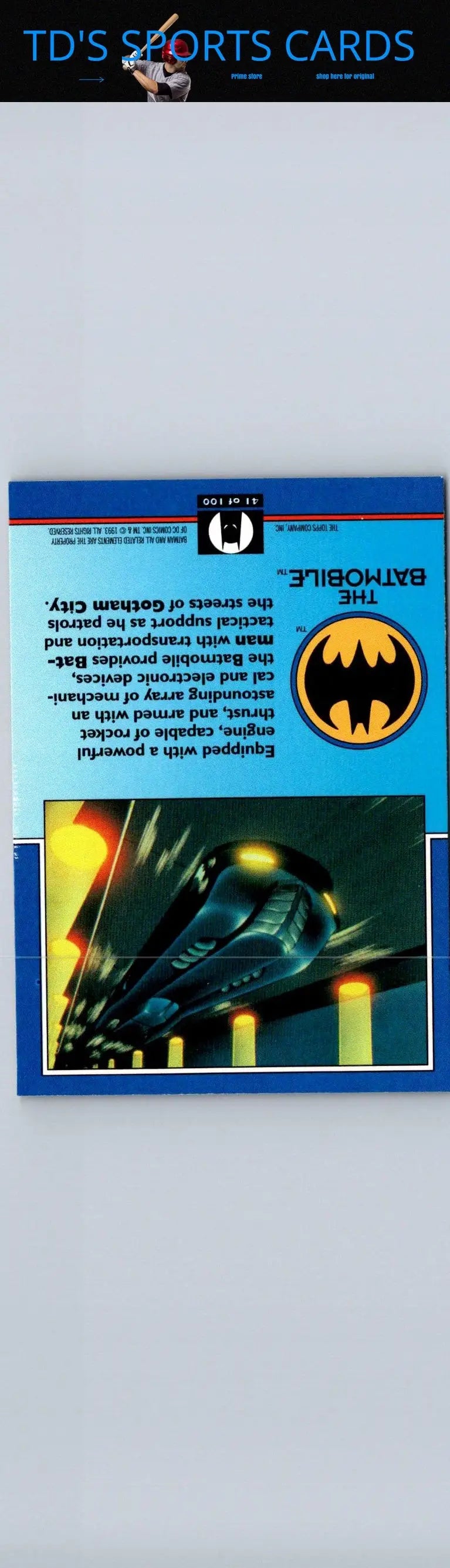 1993 Topps Batman The Animated Series Batmobile trading card showcasing Batman’s vehicle