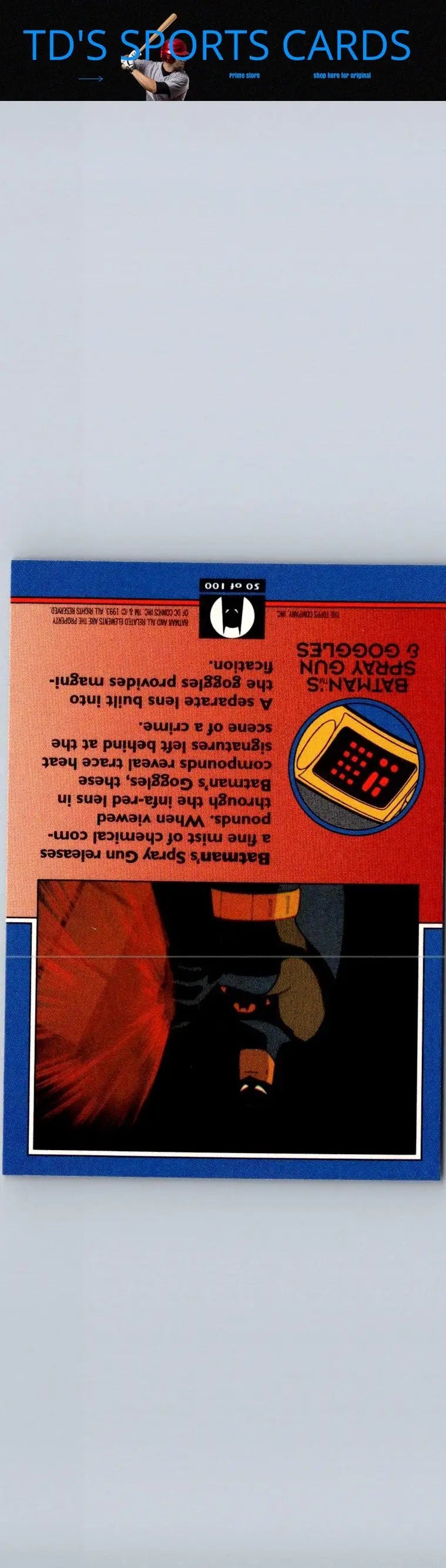 Trading card back featuring Batman’s spray gun from 1993 Topps Batman The Animated Series
