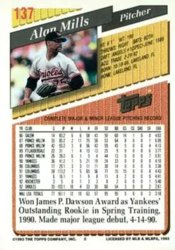1993 Topps Gold #137 Alan Mills baseball card with original gloss for Orioles fans