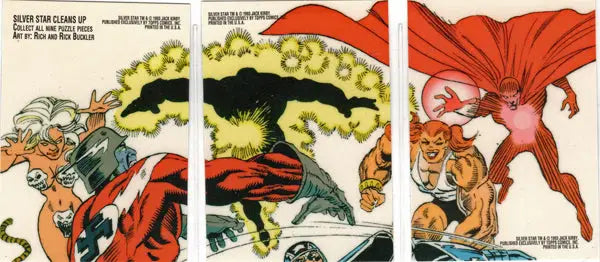 Explosive battle scene from 1993 Topps Silver Star card puzzle set with dramatic cape movement