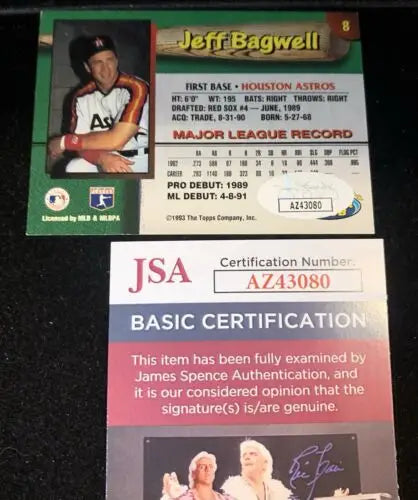 Jeff Bagwell autographed 1993 Topps Stadium Club card with JSA certification