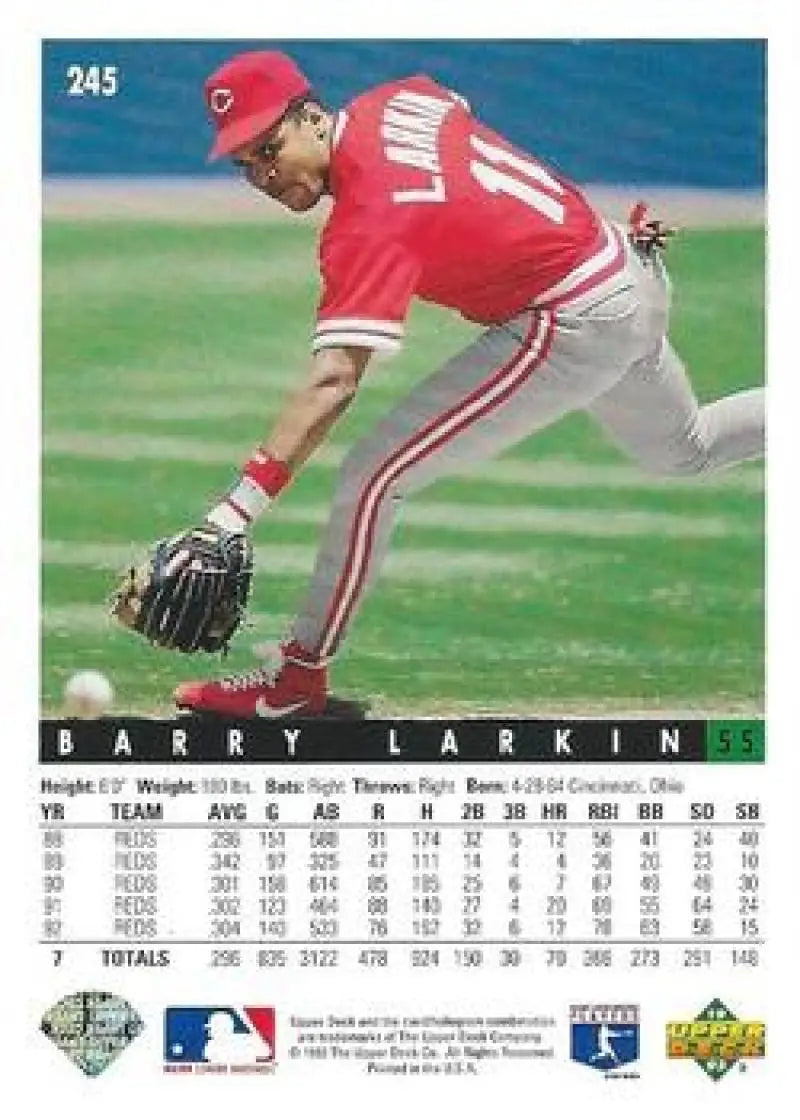 Baseball card of Barry Larkin fielding a ground ball in Cincinnati Reds uniform