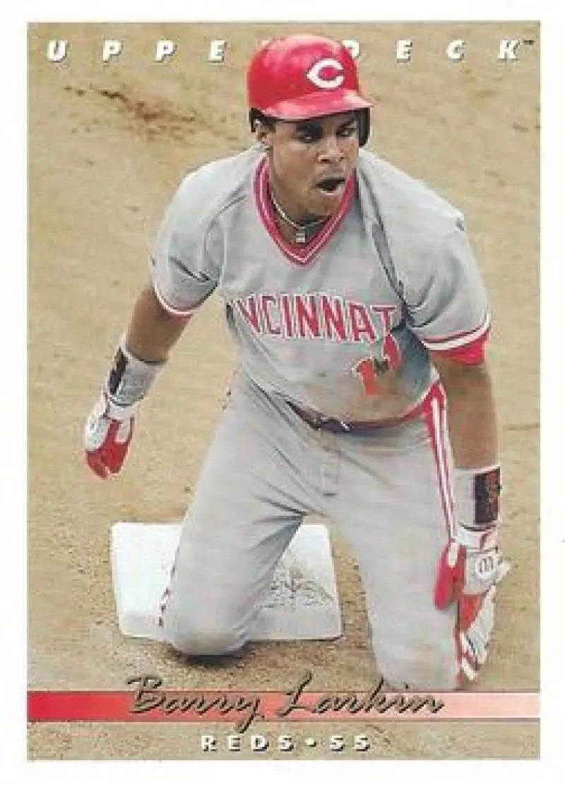 Barry Larkin showing intense emotion in Cincinnati Reds gray uniform baseball card image
