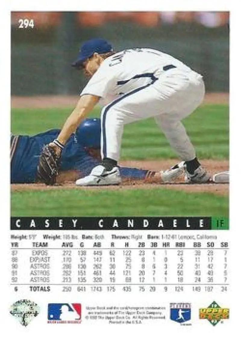 Baseball card of Casey Candaele tagging a runner at first base, Upper Deck 1993