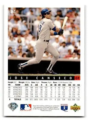 1993 Upper Deck #365 Jose Canseco baseball card, a collectible trading card