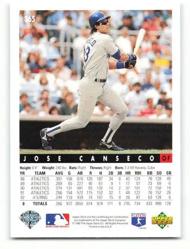 Original gloss baseball card featuring Jose Canseco batting from 1993 Upper Deck Rangers