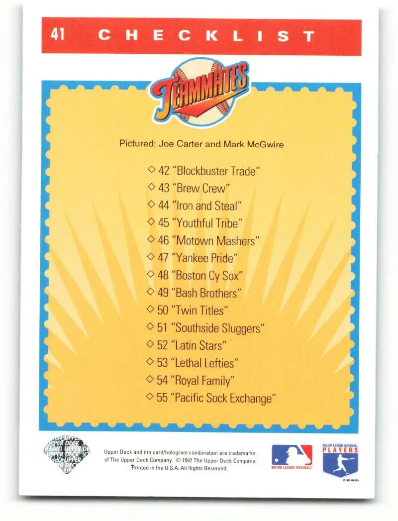 Baseball card checklist featuring 1993 Upper Deck Joe Carter Mark McGwire from Toronto Blue Jays