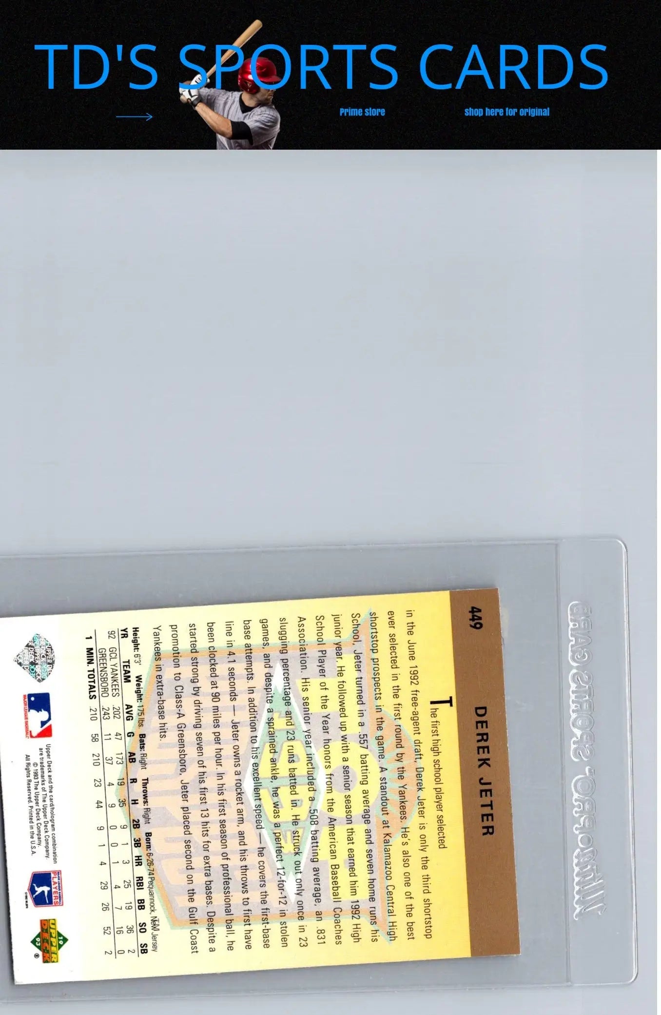 Derek Jeter baseball card from 1993 Upper Deck Series featuring rookie card image