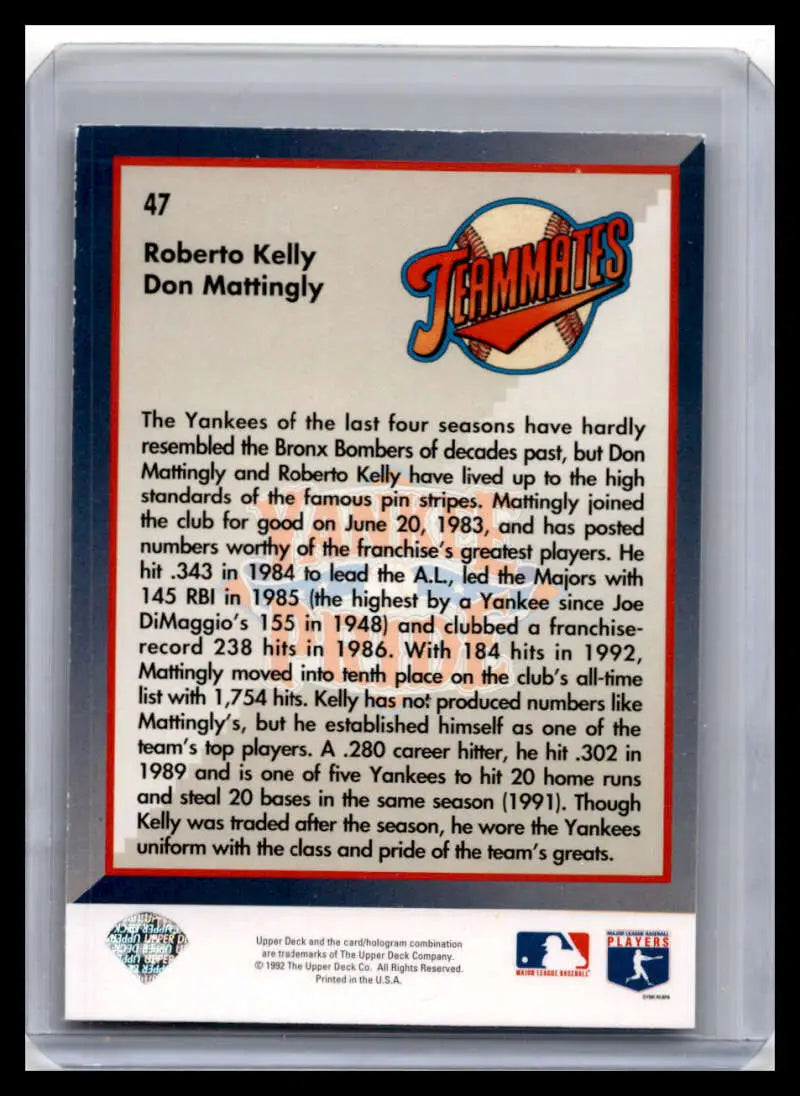 1993 Upper Deck baseball card featuring New York Yankees Roberto Kelly and Don Mattingly stats
