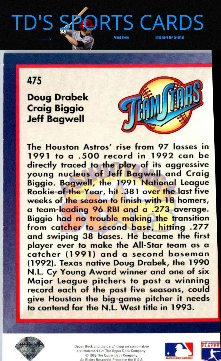 Baseball card back from 1993 Upper Deck Shooting Stars featuring Doug Drabek and Craig Biggio
