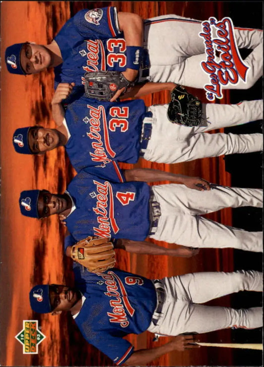 Four baseball players in Montreal Expos uniforms for a vintage baseball card