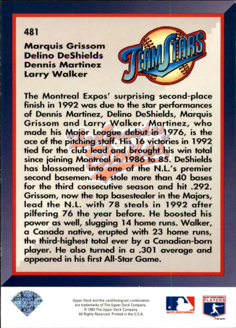 Baseball card featuring 1993 Montreal Expos team stats and player info