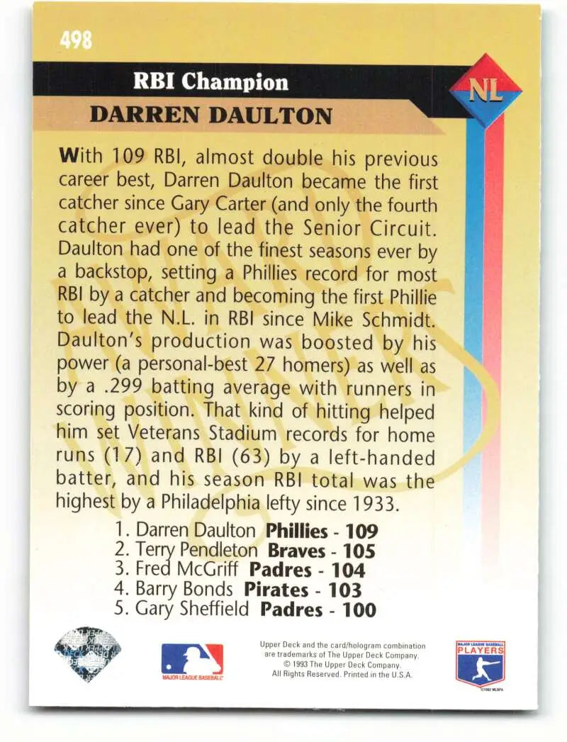 Baseball card of Darren Daulton highlighting his achievements with the Philadelphia Phillies