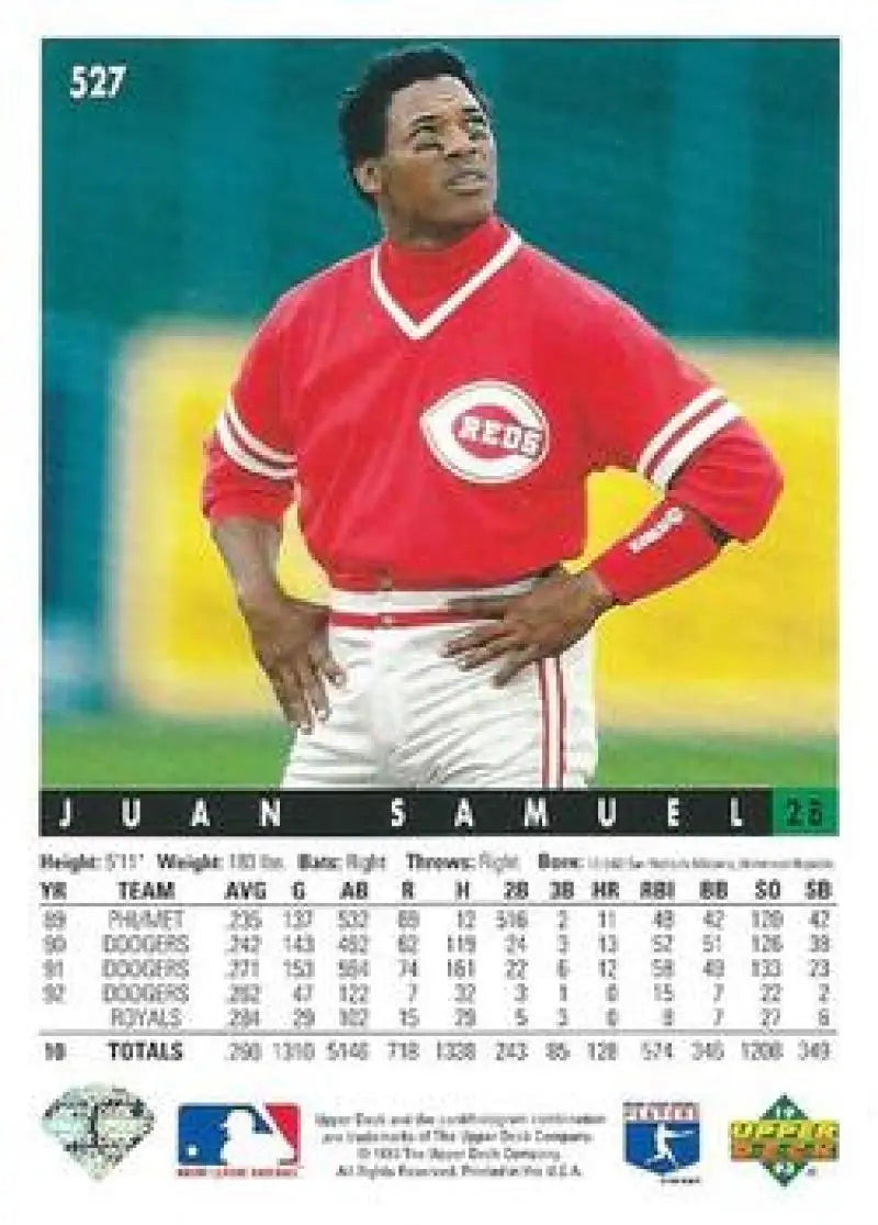 Juan Samuel 1993 Upper Deck #527 Cincinnati Reds Baseball Card in red and white uniform