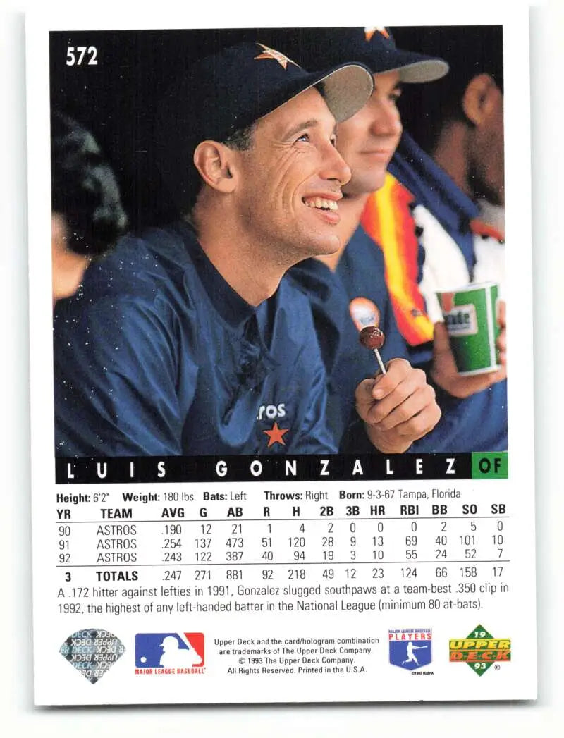 Baseball card of Luis Gonzalez in navy uniform, smiling in Houston Astros dugout