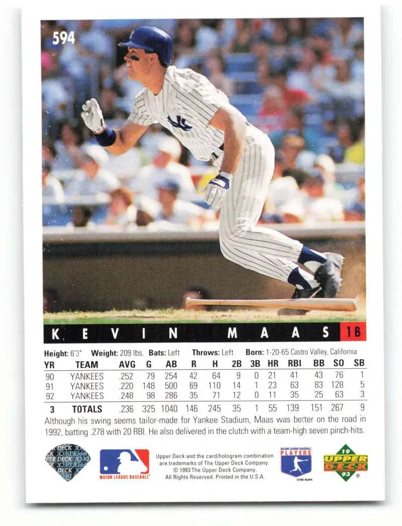1993 Upper Deck Kevin Maas baseball card of New York Yankees player in pinstripes