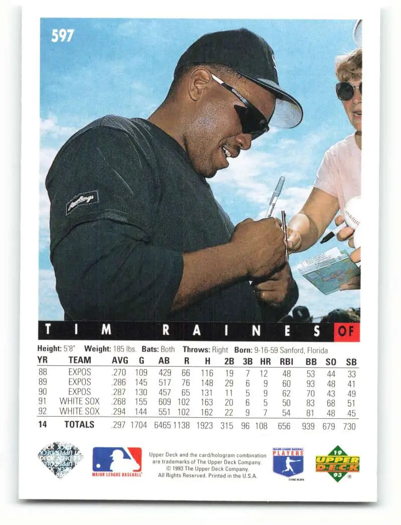 Baseball card of Tim Raines signing an autograph for Chicago White Sox fans
