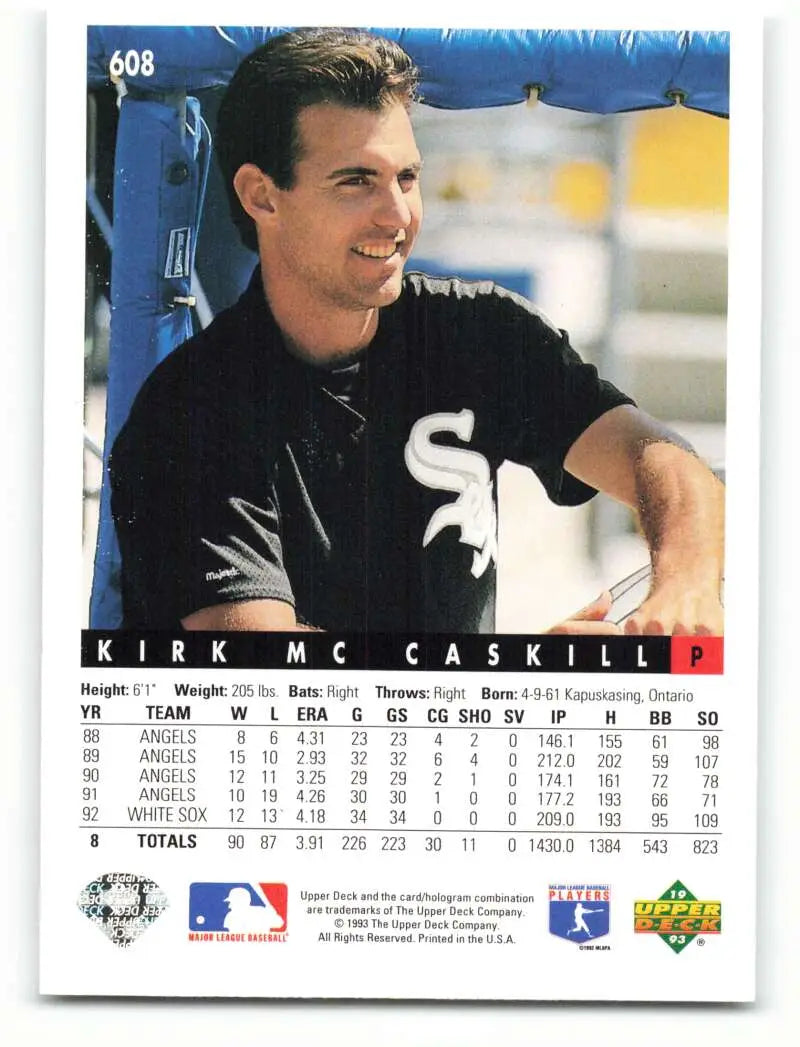 Baseball card of Kirk McCaskill in black Chicago White Sox jersey, 1993 Upper Deck