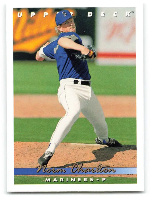 Baseball player in blue Mariners uniform pitching on 1993 Upper Deck Seattle Mariners Card